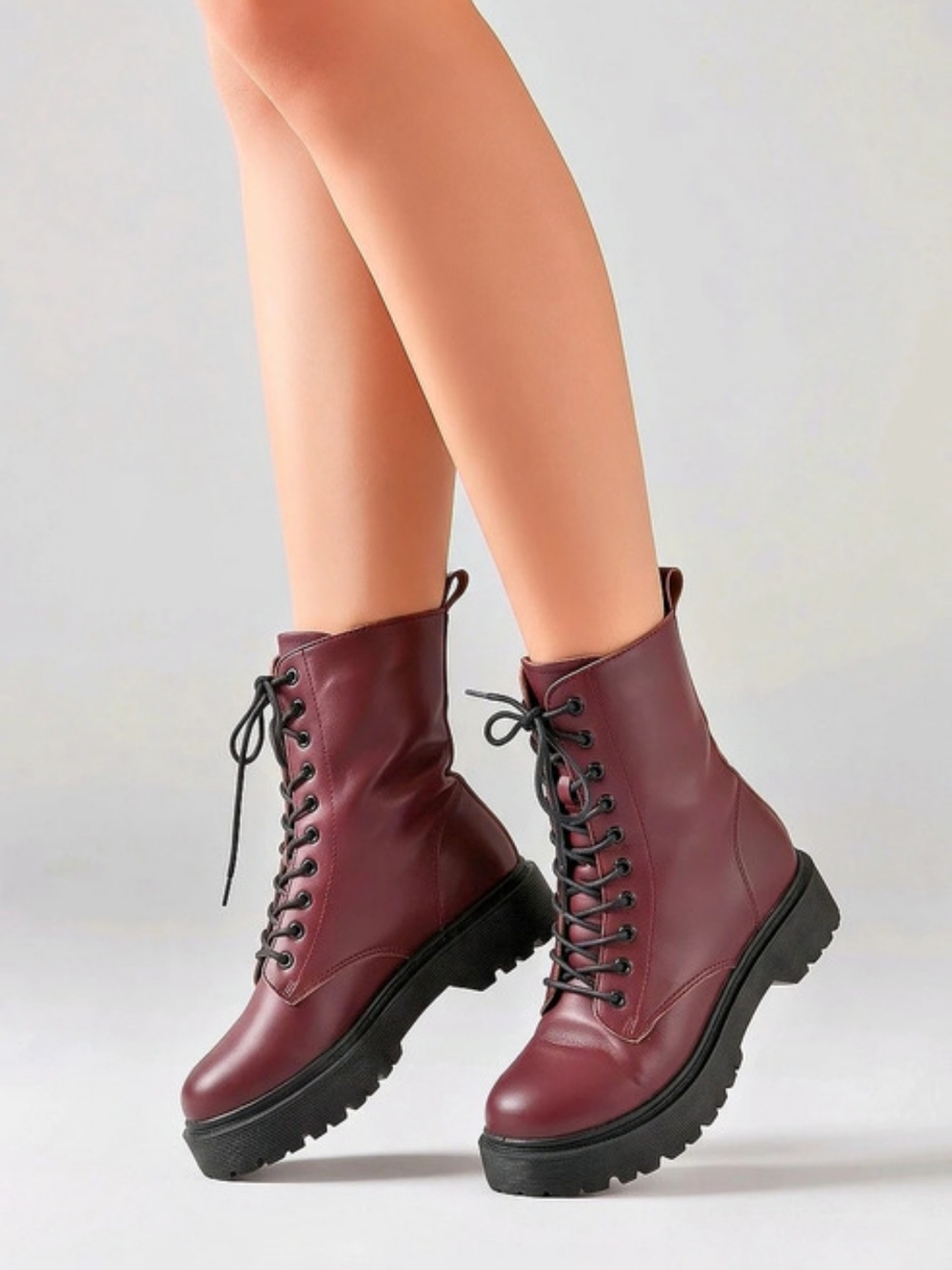 Women's Size 10 Burgundy Combat Boots Lace Up Chunky Lug Sole